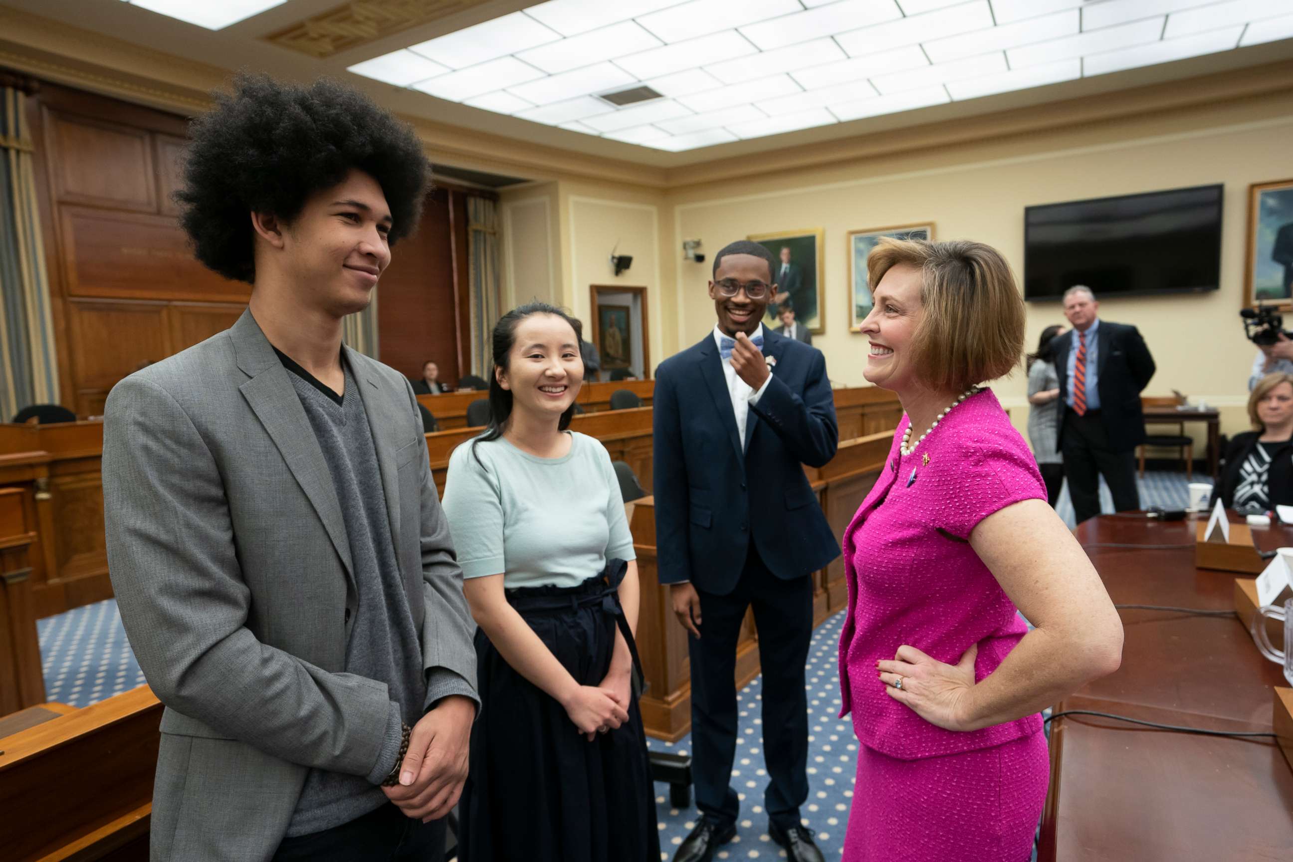 PHOTO: House Select Committee on the Climate Crisis Kathy Castor, right, welcomes, from left, Aji Piper, Young Evangelicals for Climate Action Co-Chair Melody Zhang, and Chris Suggs, on Capitol Hill in Washington, April 4, 2019.