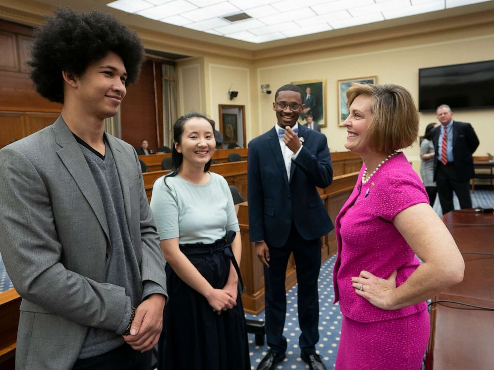 PHOTO: House Select Committee on the Climate Crisis Kathy Castor, right, welcomes, from left, Aji Piper, Young Evangelicals for Climate Action Co-Chair Melody Zhang, and Chris Suggs, on Capitol Hill in Washington, April 4, 2019.