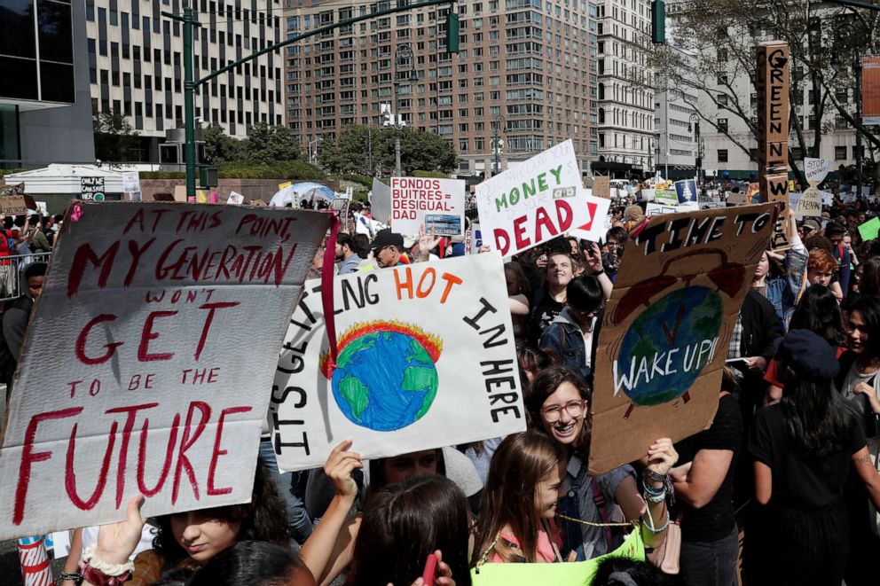 PHOTO: Activists take part in a demonstration as part of the Global Climate Strike in lower Manhattan in New York, Sept. 20, 2019.