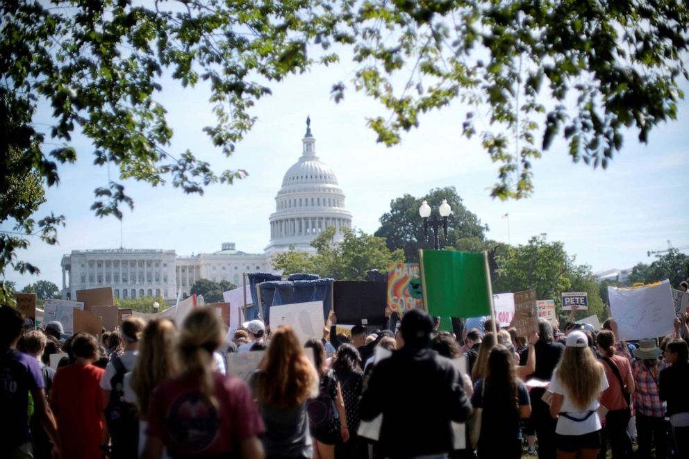 PHOTO: Demonstrators march to the U.S. Capitol as part of the Youth Climate Strike in Washington, Sept. 20, 2019.