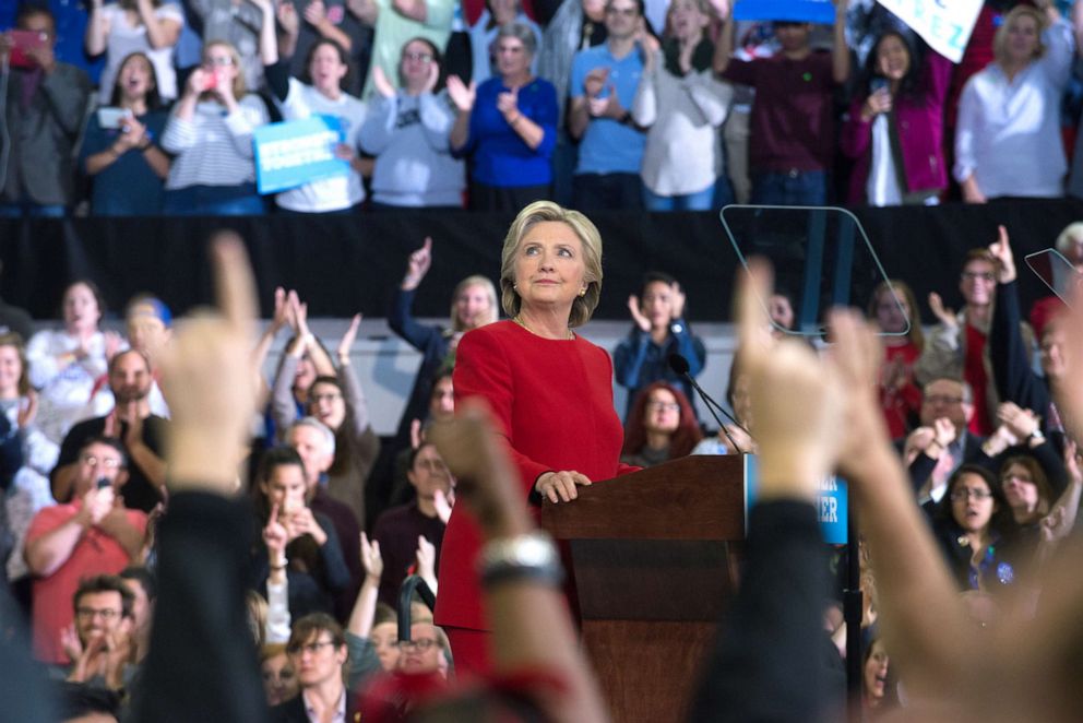 PHOTO: Democratic presidential nominee former Secretary of State Hillary Clinton speaks during a campaign rally, Nov. 8, 2016, in Raleigh, N.C.