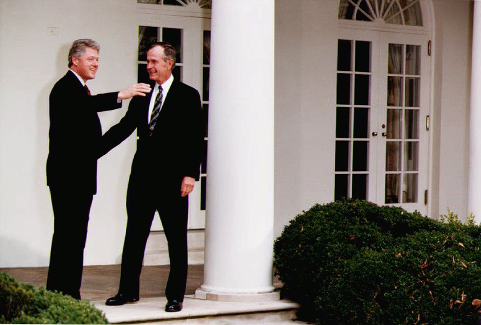PHOTO: President George Bush, right, talks with President-elect Bill Clinton outside the White House on Nov. 18, 1992. 
