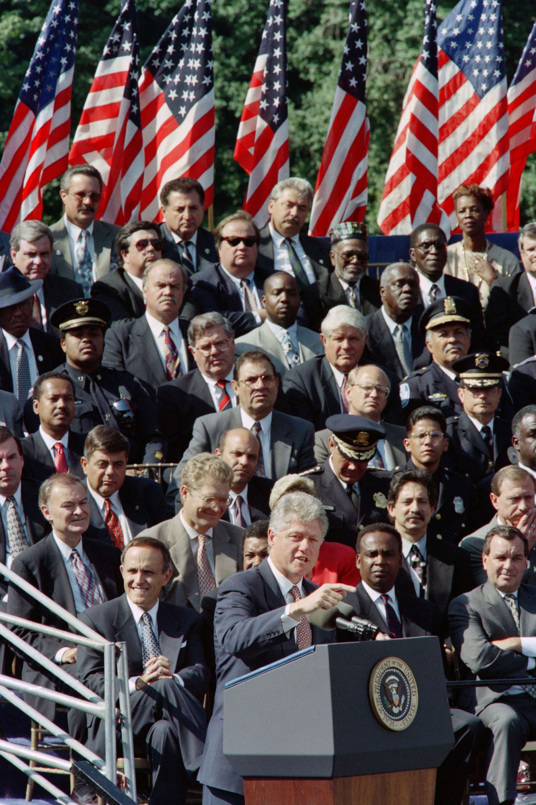 PHOTO: President Bill Clinton speaks to supporters, Sept. 13, 1994, during a signing ceremony for the crime bill on the South Lawn of the White House. 