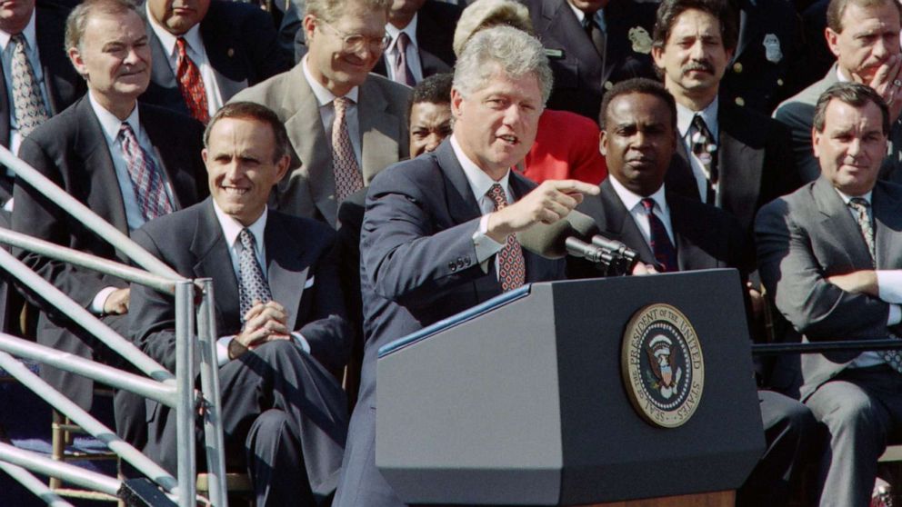 PHOTO: President Bill Clinton speaks to supporters, Sept. 13, 1994, during a signing ceremony for the crime bill on the South Lawn of the White House. 