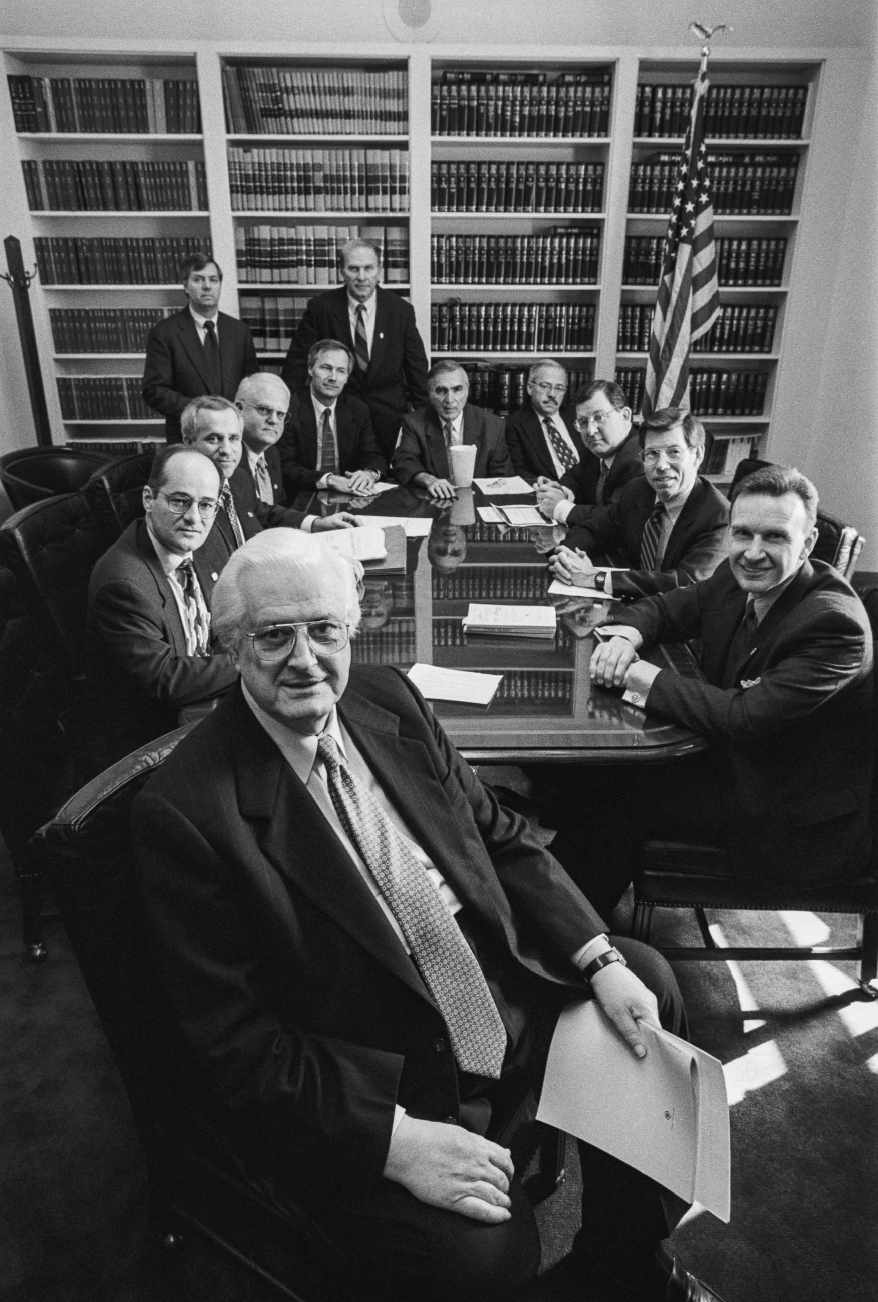 PHOTO: Twelve of the 13 Republican congressmen who managed the House Impeachment Trial of Bill Clinton are gathered in a Committee Room on Capitol Hill on Feb. 12, 1999.