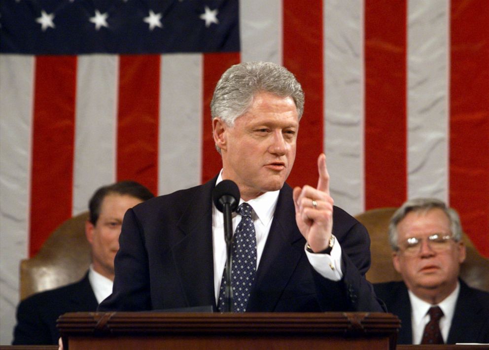 PHOTO: In this Jan. 19, 1999 file photo, President Bill Clinton gestures while giving his State of the Union address on Capitol Hill in Washington.
