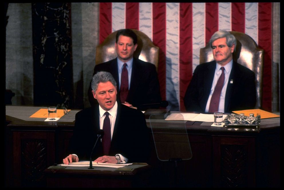 PHOTO: Pres.  Bill Clinton delivering his State of Union address, framed by VP Al Gore (L) & House Speaker Newt Gingrich, on Capitol Hill in Washington, DC on Jan.  23, 1996.