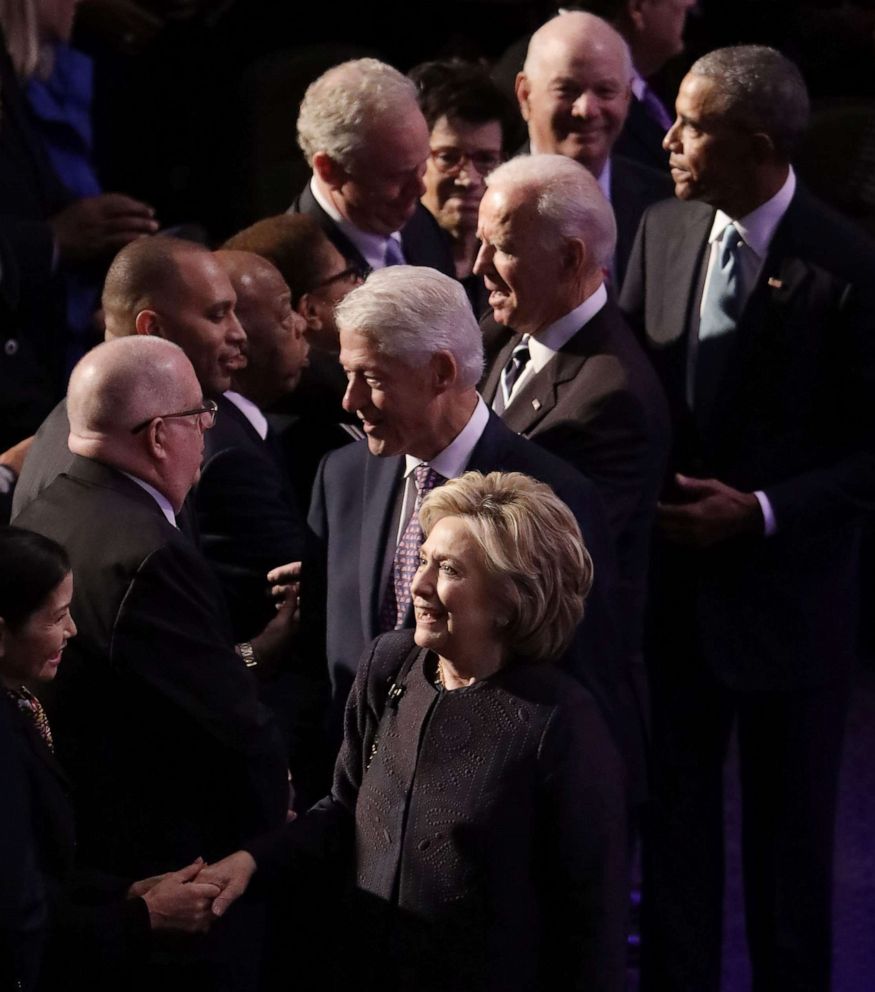 PHOTO: Former first lady Hillary Clinton, former President Bill Clinton, former Vice President Joe Biden and former President Barack Obama arrive at the funeral service for Rep. Elijah Cummings at New Psalmist Baptist Church, Oct. 25, 2019 in Baltimore.