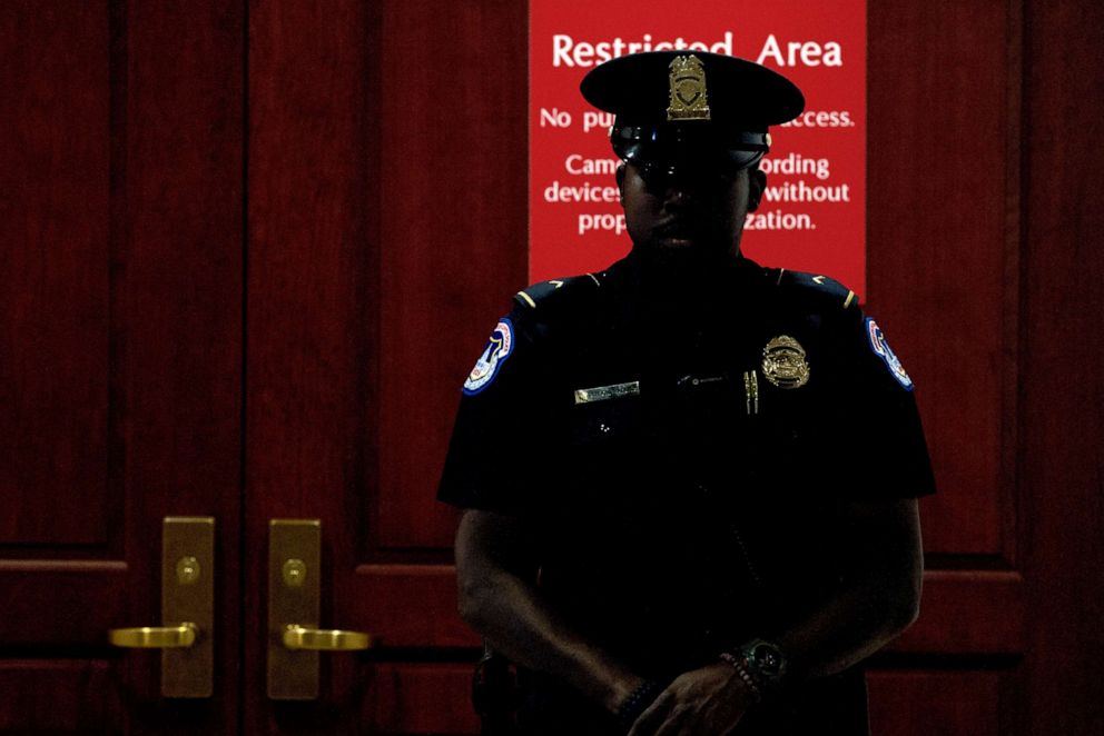 PHOTO: A Capitol Police officer stands at the entrance to a secure area during closed-door interviews with Kurt Volker, a former special envoy to Ukraine, at the Capitol in Washington, D.C., Oct. 3, 2019.