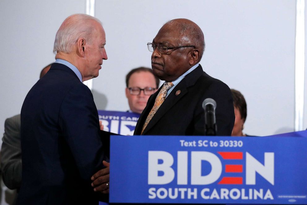 PHOTO: House Majority Whip, Rep. Jim Clyburn, D-S.C., greets Democratic presidential candidate former Vice President Joe Biden as he endorses him in North Charleston, S.C., Feb. 26, 2020. 