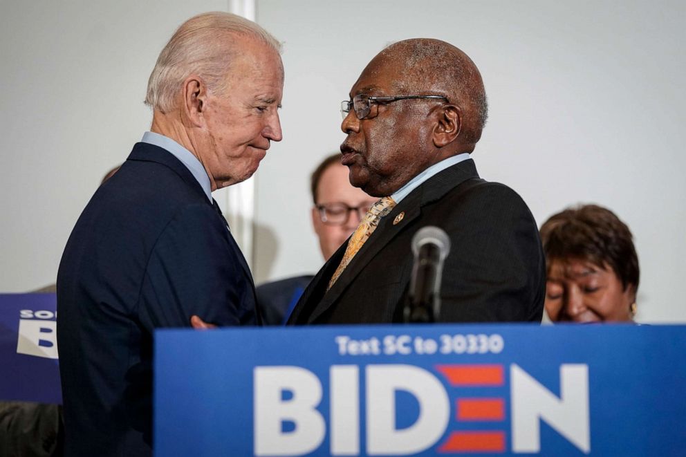 PHOTO: Democratic presidential candidate former Vice President Joe Biden shakes hands with Rep. and House Majority Whip James Clyburn as Clyburn announces his endorsement for Biden at Trident Technical College, Feb. 26, 2020, in North Charleston, S.C.