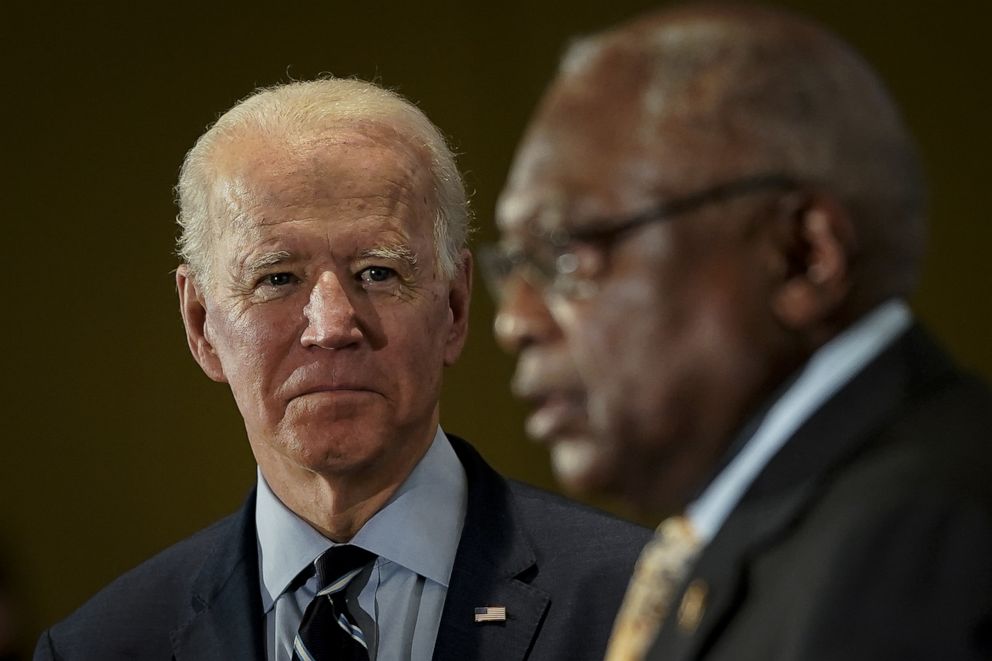 PHOTO: Democratic presidential candidate former Vice President Joe Biden looks on as Rep. and House Majority Whip James Clyburn announces his endorsement for Biden at Trident Technical College, Feb. 26, 2020 in North Charleston, S.C.