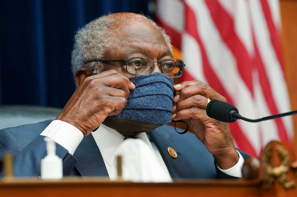 PHOTO: Committee Chairman Rep. James Clyburn, D-S.C., adjusts his protective mask as he chairs a House Select Subcommittee on the coronavirus crisis, July 2, 2020, on Capitol Hill.