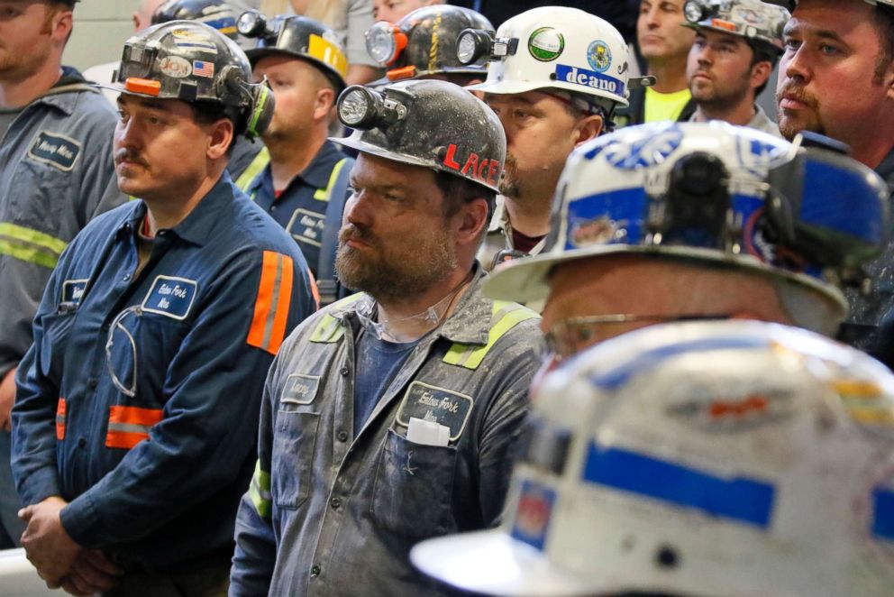 PHOTO: A group of coal miners listen to U.S. Environmental Protection Agency Administrator Scott Pruitt during his visit to Consol Pennsylvania Coal Company's Harvey Mine in Sycamore, Pa., April 13, 2017.