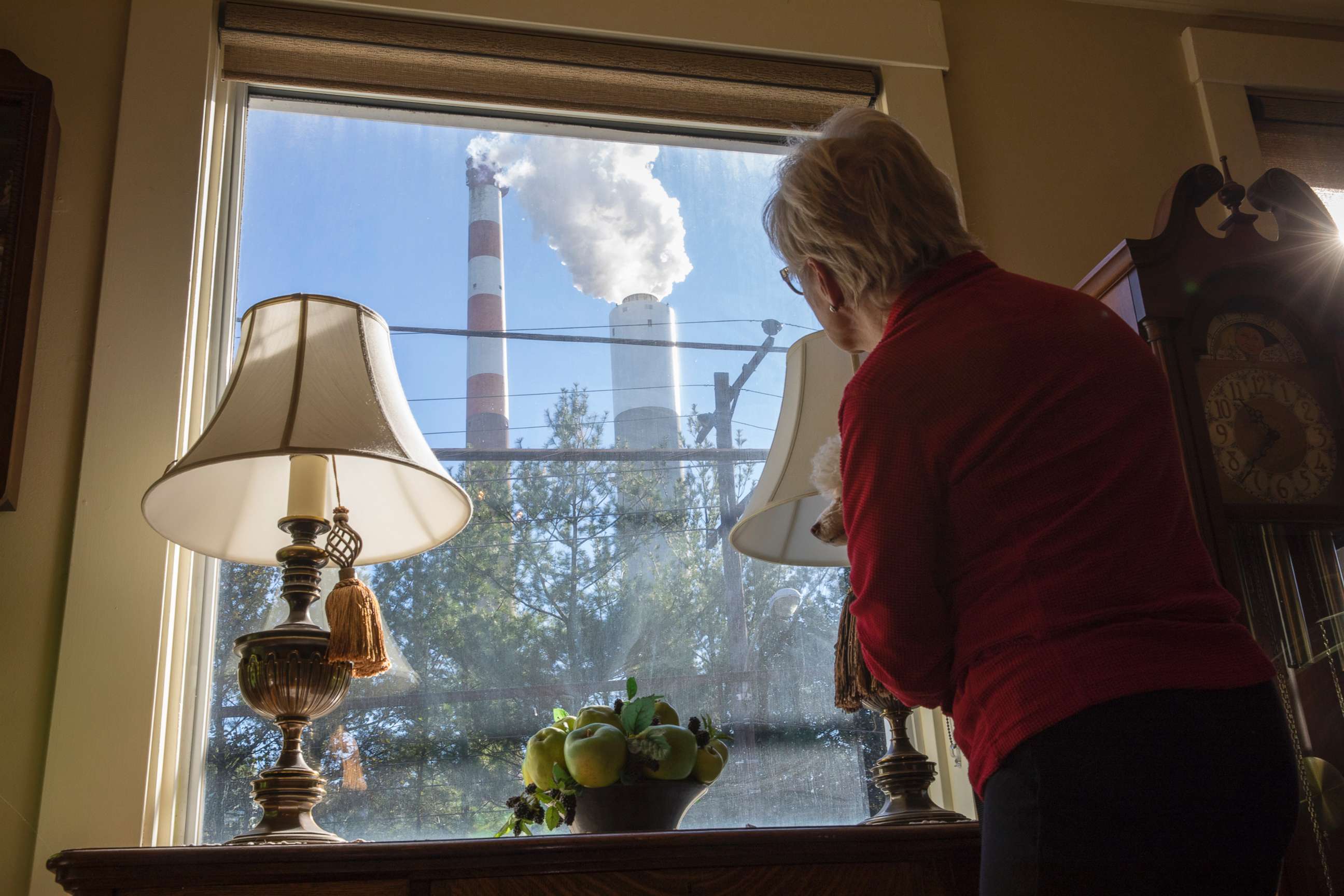 PHOTO: Marti Blake looks out her front window at the smoke stack of the 47-year old Cheswick coal-fired power plant, Oct. 27, 2017 in Springdale, Pa.