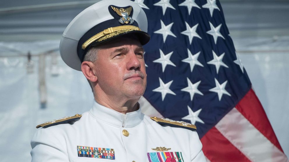 PHOTO: Admiral Karl Schultz speaks after becoming the Commandant of the U.S. Coast Guard during a Change of Command ceremony at Coast Guard Headquarters in Washington, June 1, 2018.