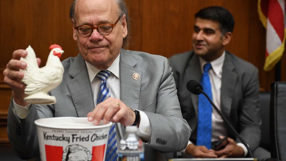 PHOTO: Congressman Steve Cohen, Democrat of Tennessee, opens a bucket of chicken during a hearing before the House Judiciary Committe on Capitol Hill in Washington, D.C., May 2, 2019, in which U.S. Attorney Bill Barr refused to testify.