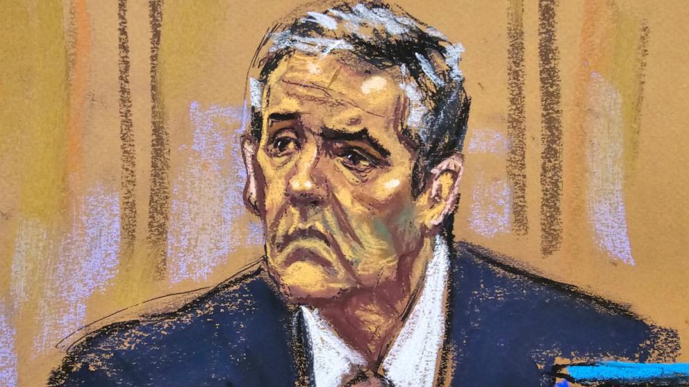 PHOTO: Michael Cohen is cross examined by defense lawyer Todd Blanche during former President Donald Trump's criminal trial in Manhattan state court in New York City, May 20, 2024 in this courtroom sketch.