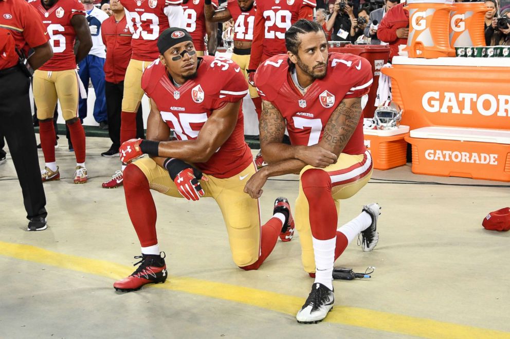 PHOTO: Colin Kaepernick and Eric Reid of the San Francisco 49ers kneel in protest during the national anthem prior to playing the Los Angeles Rams in their NFL game at Levi's Stadium on Sept. 12, 2016 in Santa Clara, Calif.