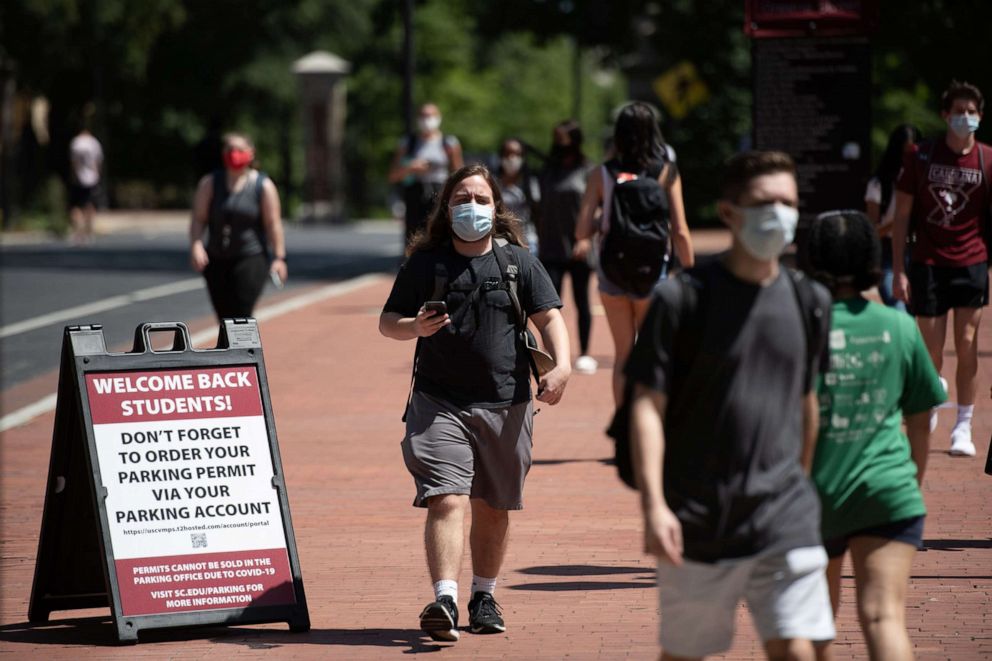 PHOTO: Students walk on campus at the University of South Carolina in Columbia, S.C., Sept. 3, 2020.