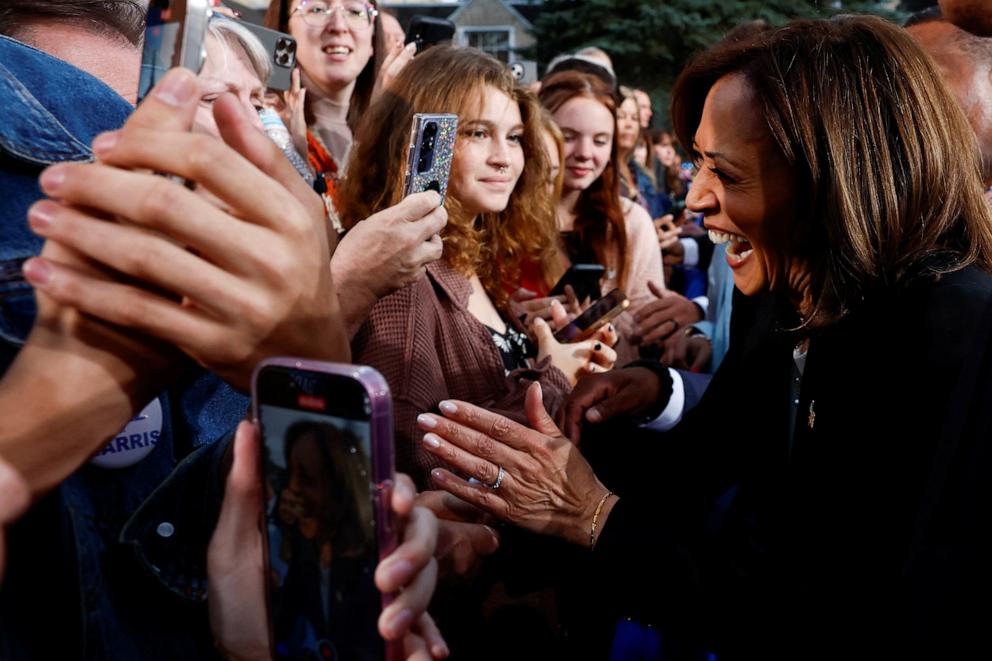 PHOTO: Vice President Kamala Harris reacts as she greets people during a campaign event at Ripon College in Ripon, Wisc., Oct. 3, 2024. 