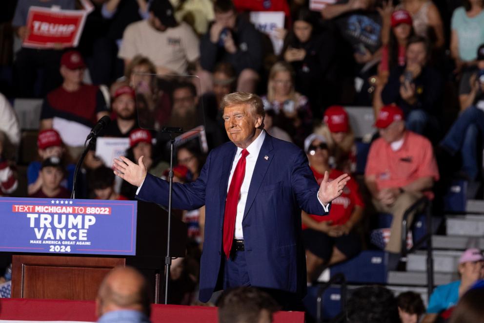 PHOTO: Former President Donald Trump speaks to supporters during a campaign event at Saginaw Valley State University in Saginaw, Mich., Oct. 03, 2024.