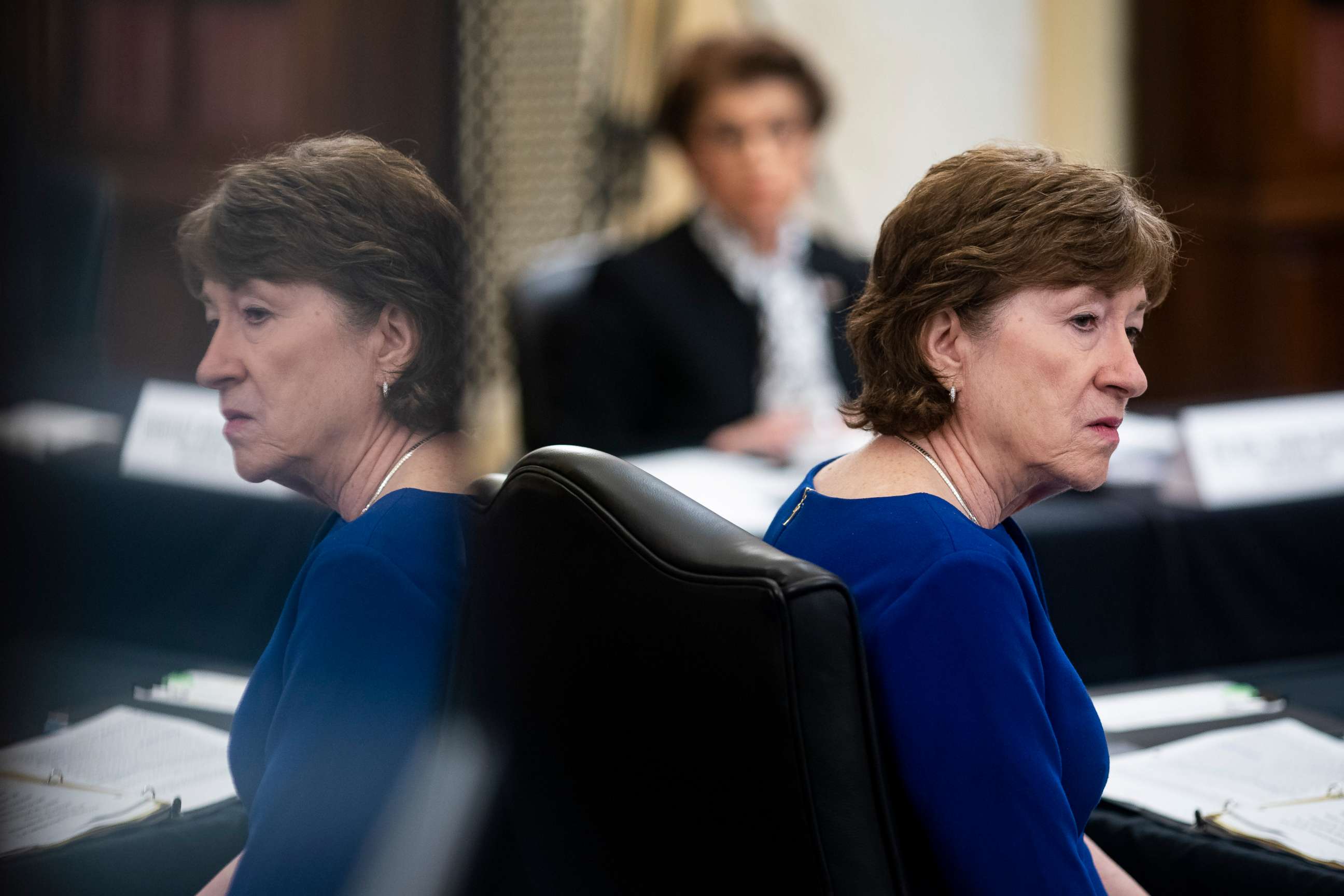 PHOTO: Sen. Susan Collins listens during a Senate Small Business and Entrepreneurship hearing to examine implementation of Title I of the CARES Act, June 10, 2020 on Capitol Hill in Washington.