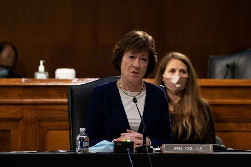 PHOTO: Senator Susan Collins, a Republican from Maine, listens during a Senate Health, Education, Labor, and Pensions Committee hearing on new tests to diagnose Covid-19 in Washington, D.C., May 7, 2020.