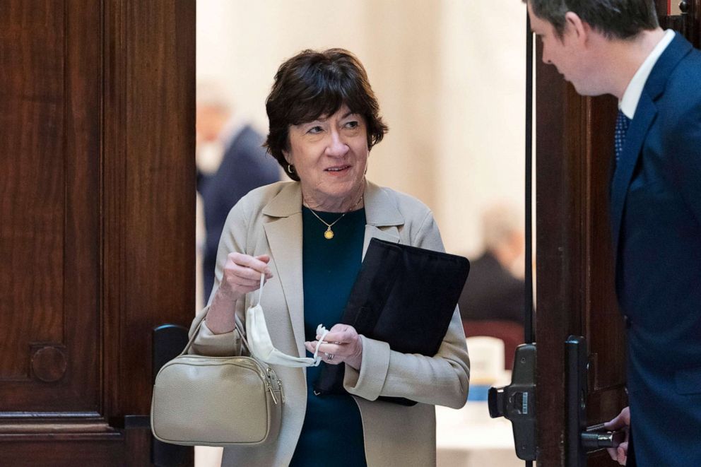 PHOTO: Sen. Susan Collins leaves a policy luncheon, Feb., 17, 2022, on Capitol Hill in Washington, D.C.