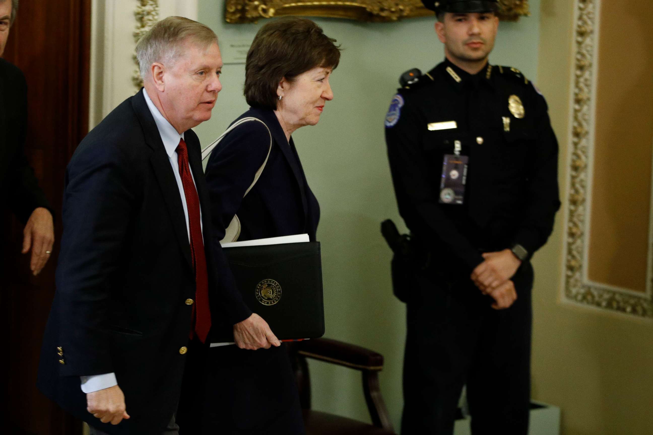 PHOTO: Sen. Lindsey Graham and Sen. Susan Collins arrive for the trial of President Donald Trump at the Capitol, Jan. 21, 2020, in Washington.