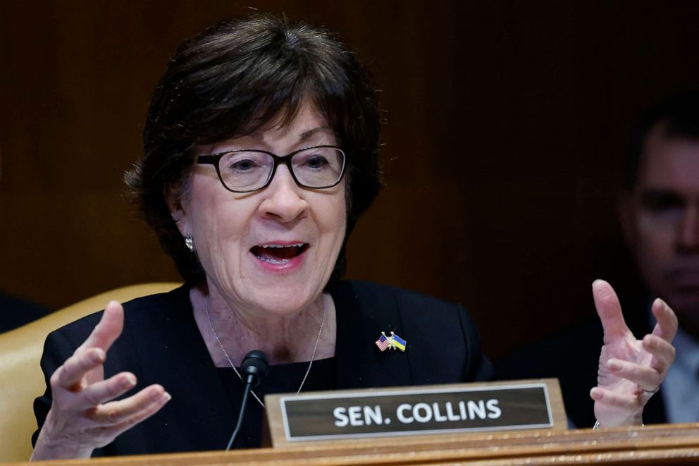 PHOTO: Sen. Susan Collins speaks during a Senate Appropriations Subcommittee hearing on the fiscal year 2023 budget for the FBI at the Capitol, May 25, 2022.