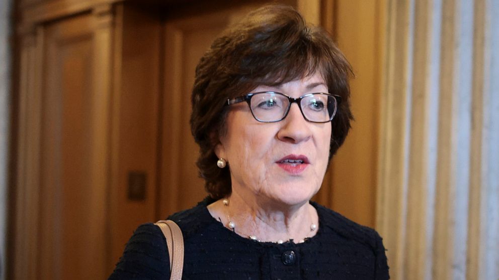PHOTO: Sen. Susan Collins departs from the Senate Chambers in the U.S. Capitol Building on Oct. 06, 2021, in Washington.