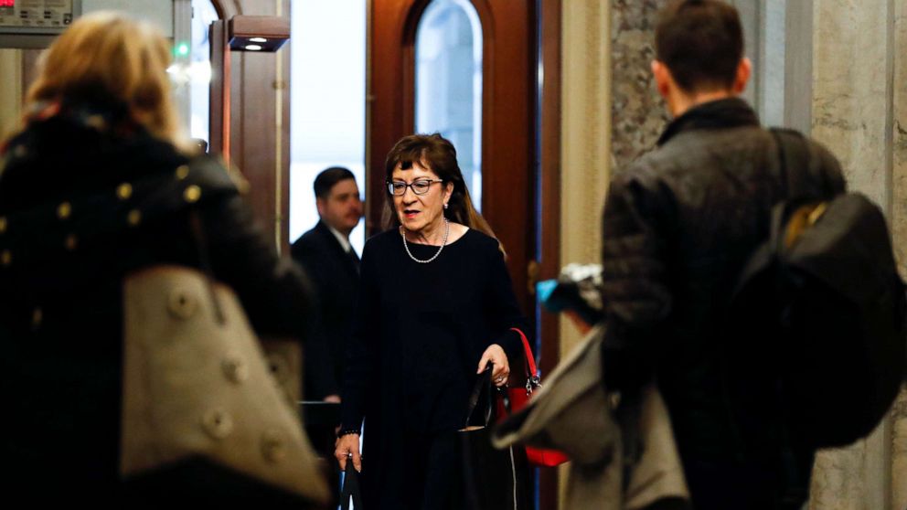 PHOTO: Republican Sen. Susan Collins, of Maine, arrives at the Capitol in Washington during the impeachment trial of President Donald Trump on charges of abuse of power and obstruction of Congress, Jan. 24, 2020.