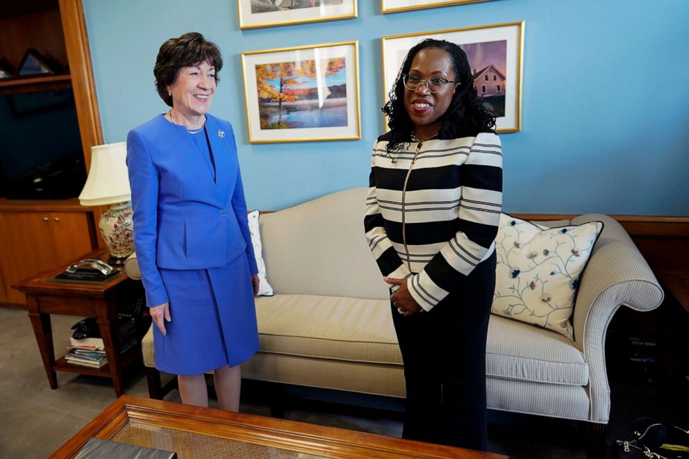 PHOTO: In this March 8, 2022, file photo, Sen. Susan Collins meets with Supreme Court nominee Ketanji Brown Jackson on Capitol Hill in Washington, D.C.