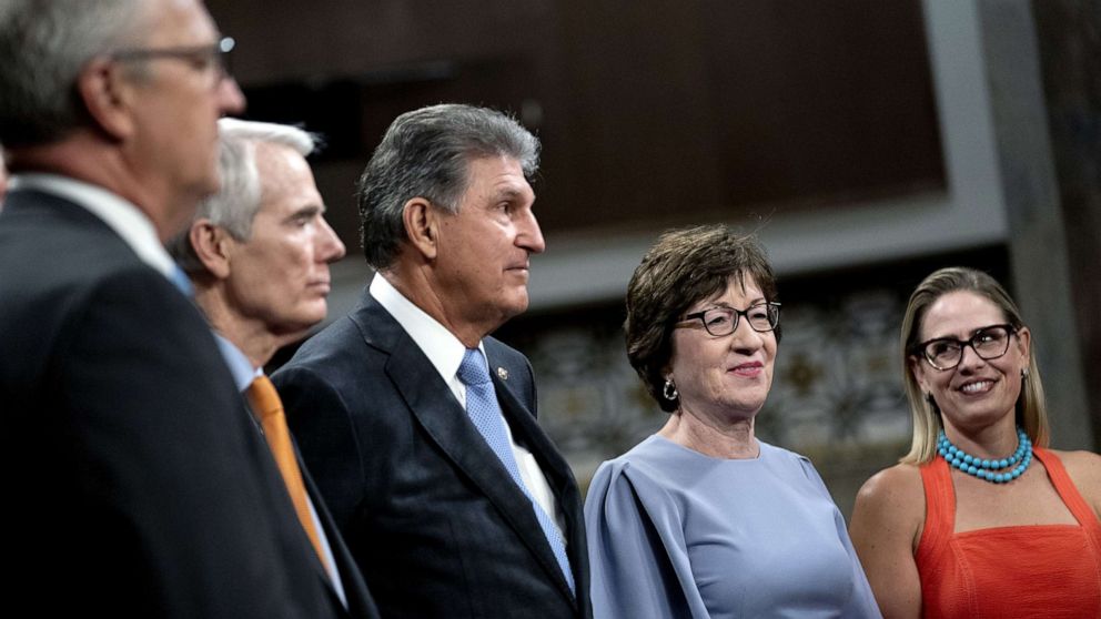 PHOTO: In this July 28, 2021, file photo, Sen. Kevin Cramer, Sen. Rob Portman, Sen. Joe Manchin, Sen. Susan Collins, and Sen. Kyrsten Sinema, listen during a news conference in Washington, D.C.