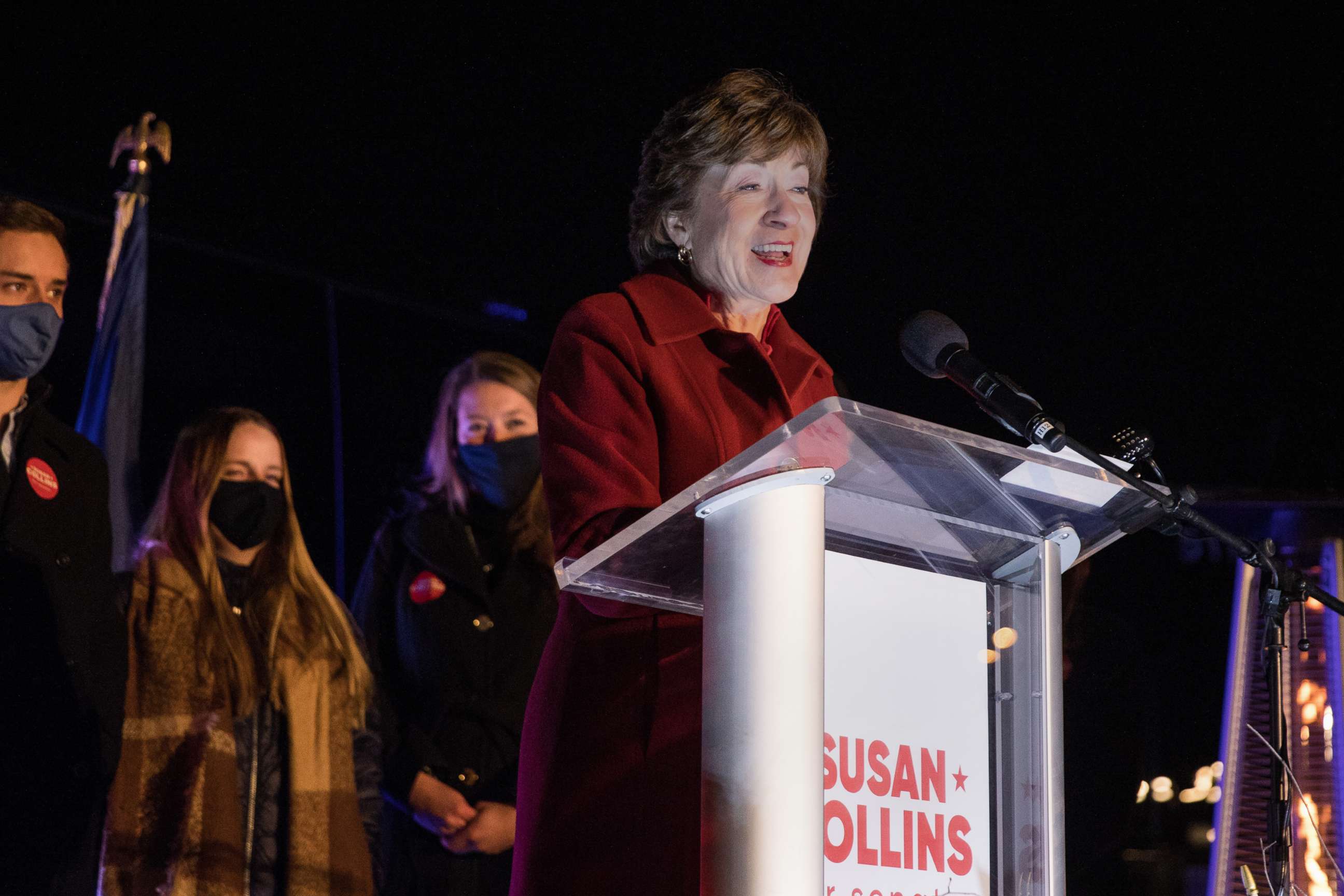PHOTO: Sen. Susan Collins delivers election night remarks to supporters and staff on Nov. 3, 2020 in Bangor, Maine.