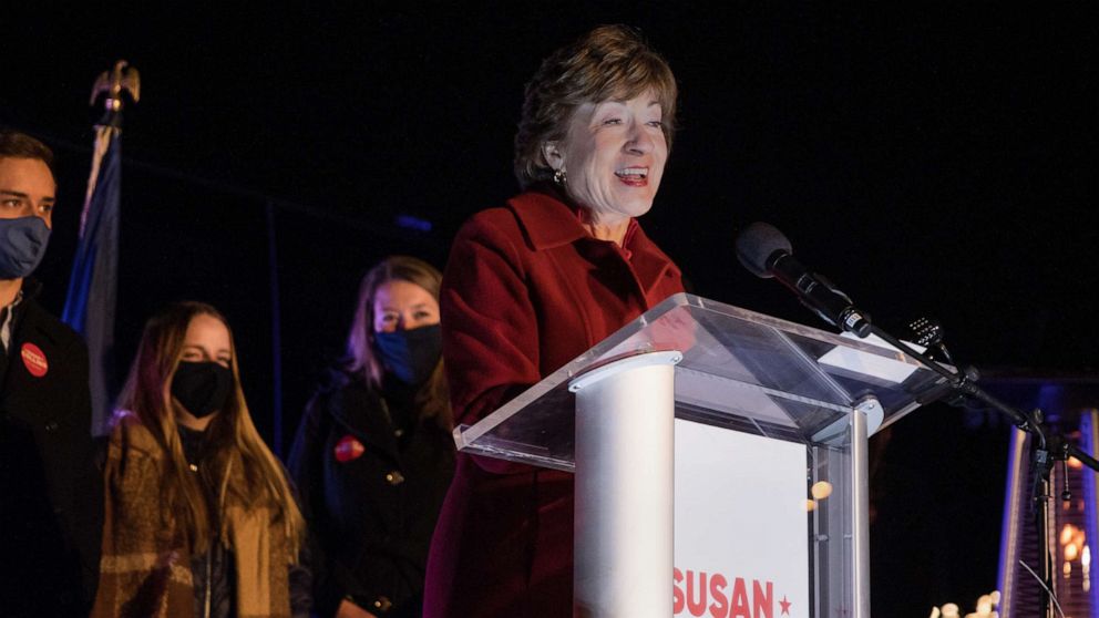 PHOTO: Sen. Susan Collins delivers election night remarks to supporters and staff on Nov. 3, 2020 in Bangor, Maine.