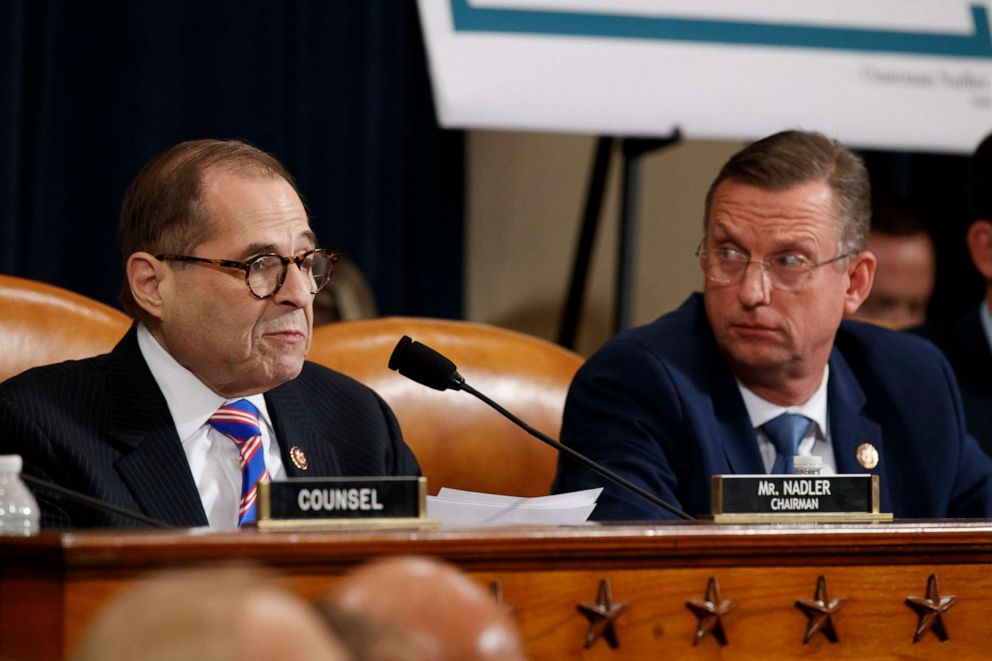 PHOTO: House Judiciary Committee Chairman Rep. Jerrold Nadler, D-N.Y., left, gives his closing statement as ranking member Rep. Doug Collins, R-Ga., listens during the House Judiciary Committee hearing on impeachment on Capitol Hill on Dec. 4, 2019.