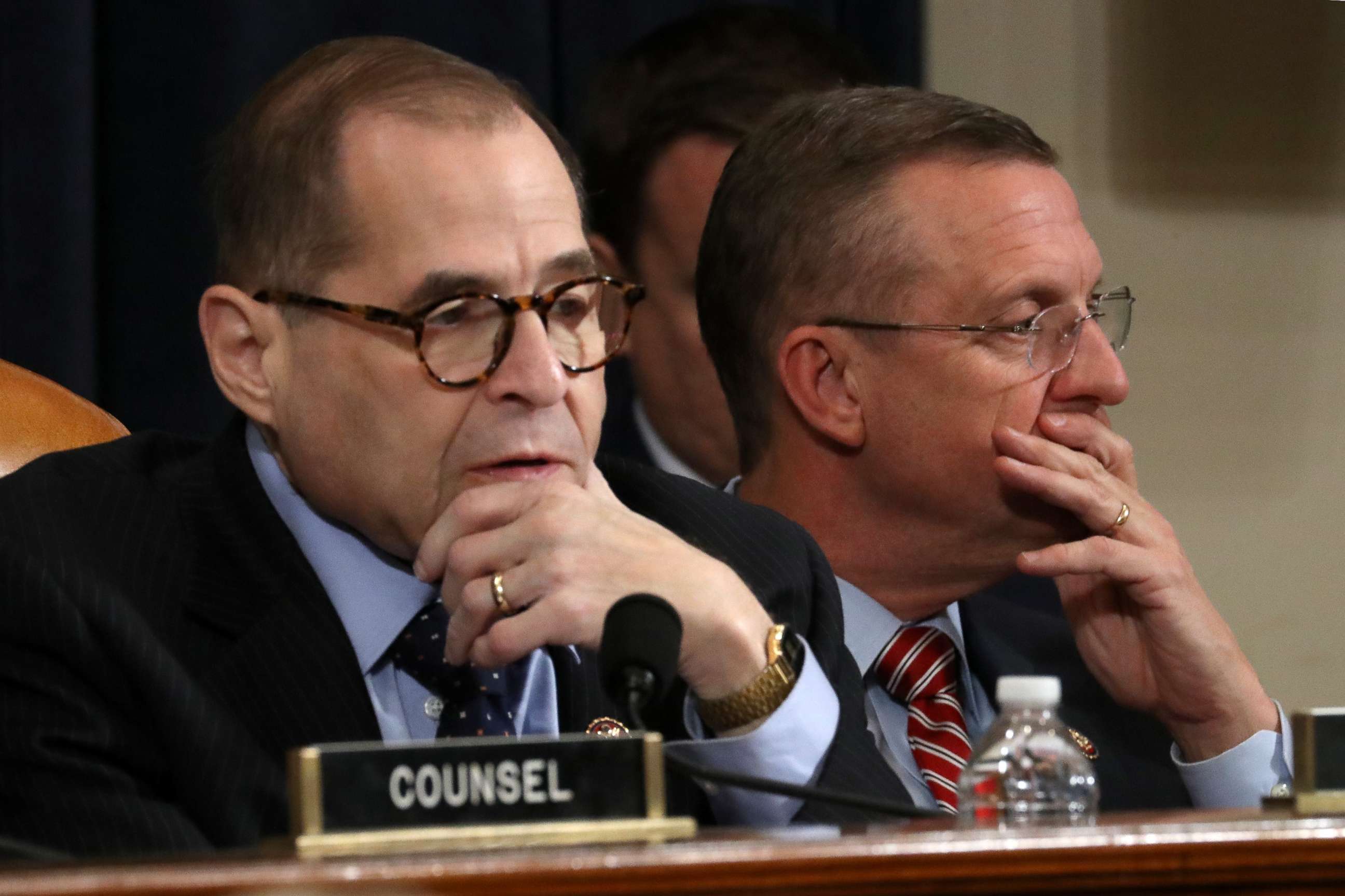 PHOTO: U.S. House Judiciary Committee Chairman Jerrold Nadler, D-N.Y., and ranking member Doug Collins, R-Ga., listen to opening statements during a hearing on articles of impeachment against President Donald Trump on Capitol Hill, Dec. 11, 2019. 