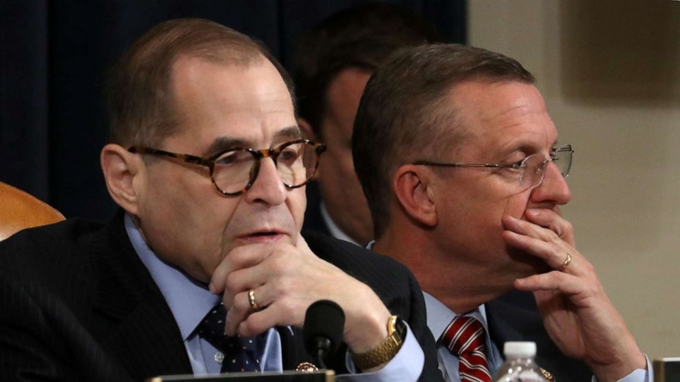 PHOTO: U.S. House Judiciary Committee Chairman Jerrold Nadler, D-N.Y., and ranking member Doug Collins, R-Ga., listen to opening statements during a hearing on articles of impeachment against President Donald Trump on Capitol Hill, Dec. 11, 2019. 