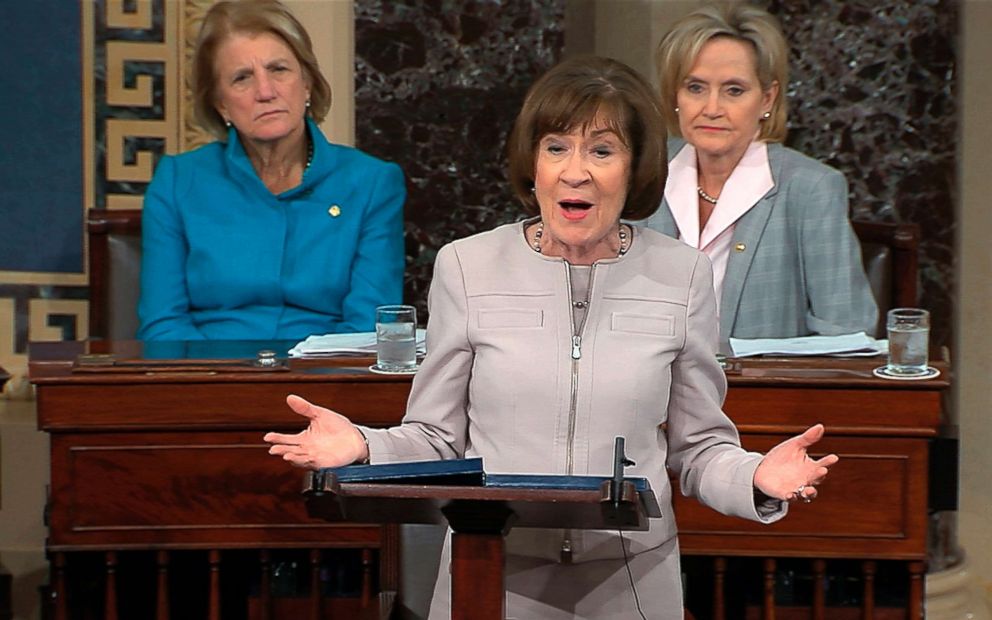 PHOTO: In this image from video provided by Senate TV, Sen. Susan Collins, R-Maine., speaks on the Senate floor about her vote on Judge Brett Kananaughs nomination to the U.S. Supreme Court, Oct. 5, 2018, in the Capitol in Washington. 