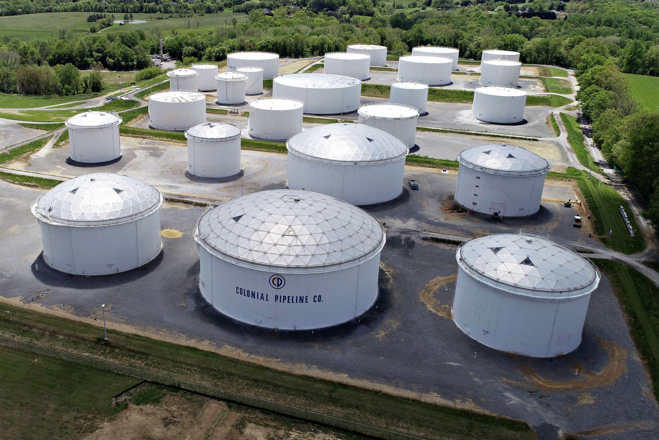 PHOTO: Holding tanks are seen in an aerial photograph at Colonial Pipeline's Dorsey Junction Station in Woodbine, Md., May 10, 2021.