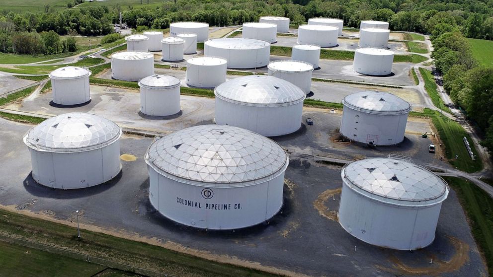 PHOTO: Holding tanks are seen in an aerial photograph at Colonial Pipeline's Dorsey Junction Station in Woodbine, Md., May 10, 2021.