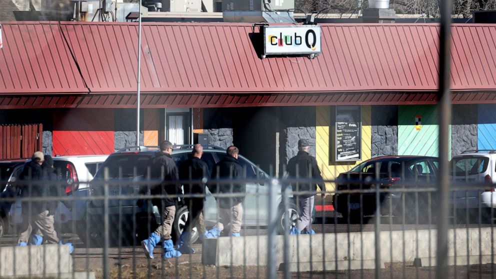 PHOTO: Law enforcement officials continue their investigation into Saturday's shooting at the Club Q nightclub, Nov. 21, 2022 in Colorado Springs, Colorado.
