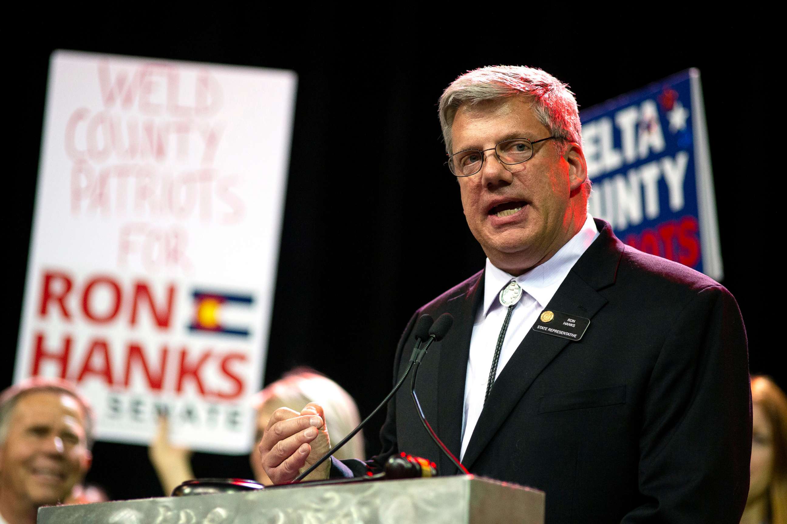 PHOTO: Senate candidate Ron Hanks speaks during the GOP Assembly at the World Arena on in Colorado Springs, Colo., April 9, 2022.