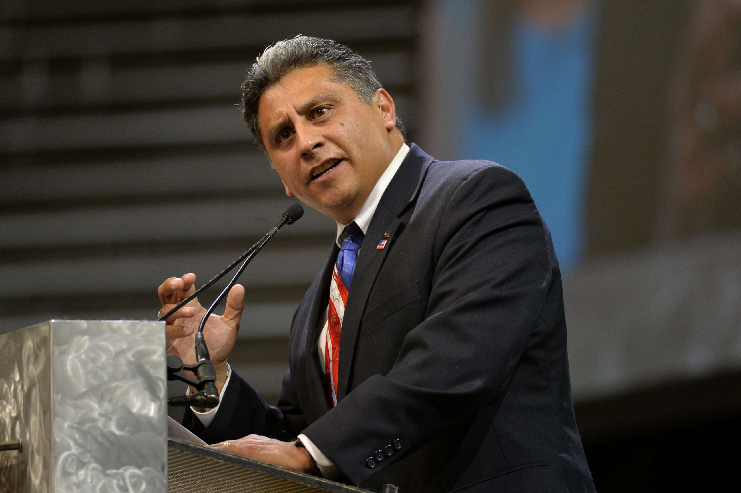 PHOTO: Greg Lopez makes speech during Colorado Republican State Assembly in Boulder, Colo., April 14, 2018.