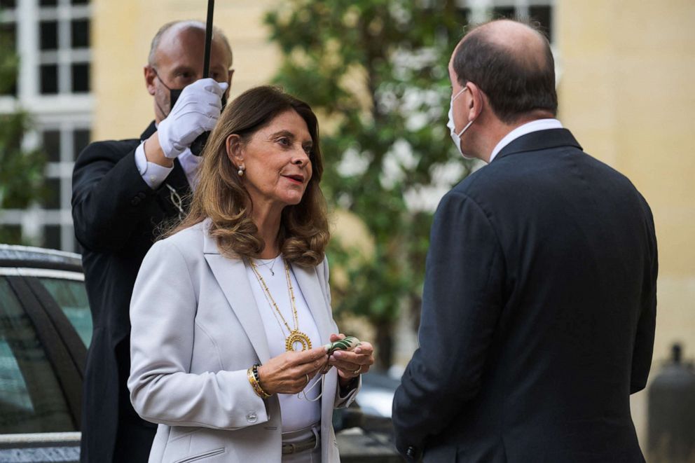 PHOTO: Colombian vice-president and Foreign minister Marta Lucia Ramirez de Rincon meets with French Prime Minister Jean Castex at the Hotel Matignon in Paris, Oct. 5, 2021.