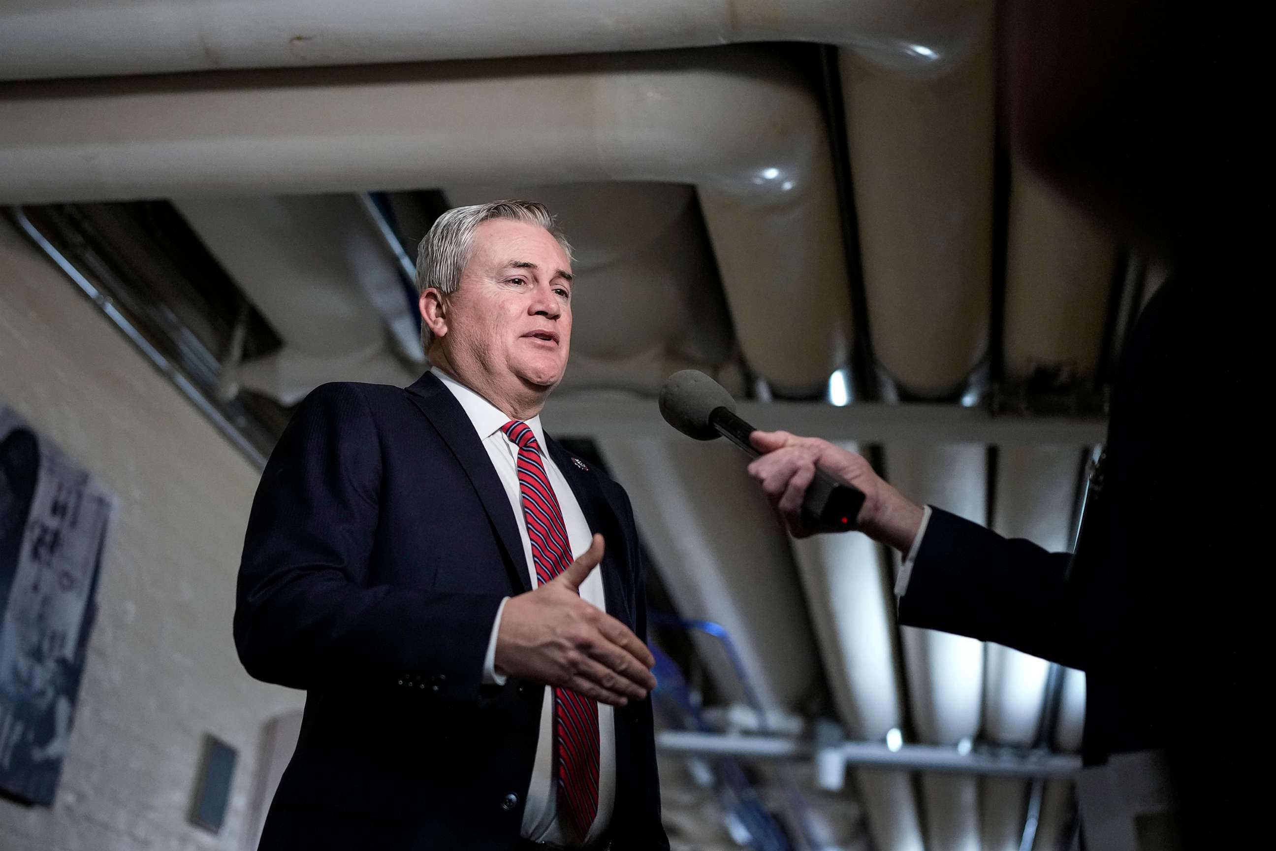 PHOTO: Chairman of the House Oversight Committee Rep. James Comer speaks to reporters on his way to a closed-door GOP caucus meeting at the Capitol, Jan. 10, 2023.