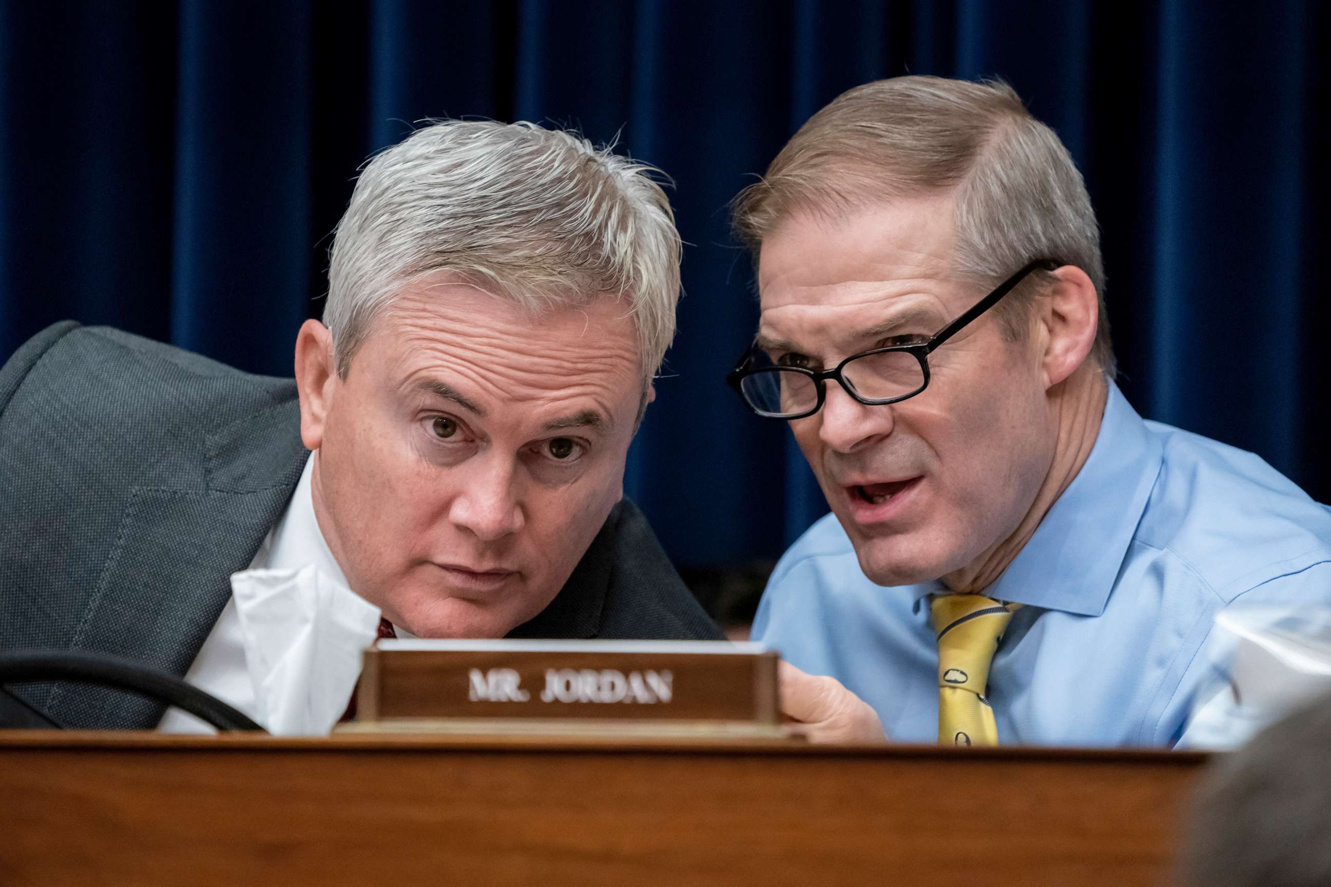 PHOTO: House Oversight and Accountability Committee Chairman James Comer, R-Ky., left, confers with House Judiciary Committee Chair Jim Jordan, R-Ohio, as the Oversight panel holds an organizational meeting at the Capitol, Tuesday, Jan. 31, 2023.