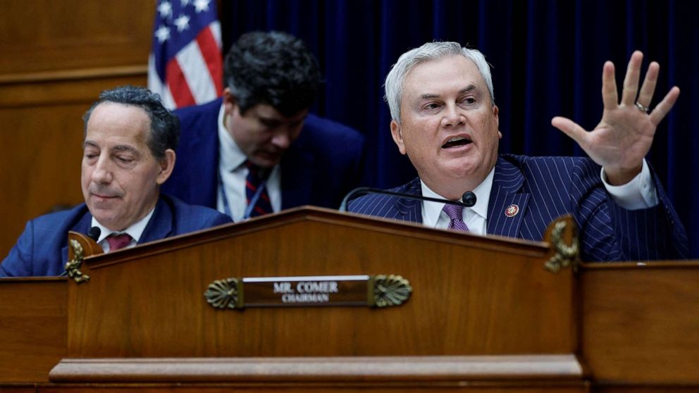 PHOTO: Chairman James Comer speaks next to House Oversight Committee Ranking Member Rep. Jamie Raskin during a House Oversight and Accountability Committee impeachment inquiry hearing, on Capitol Hill in Washington, D.C., on Sept. 28, 2023.